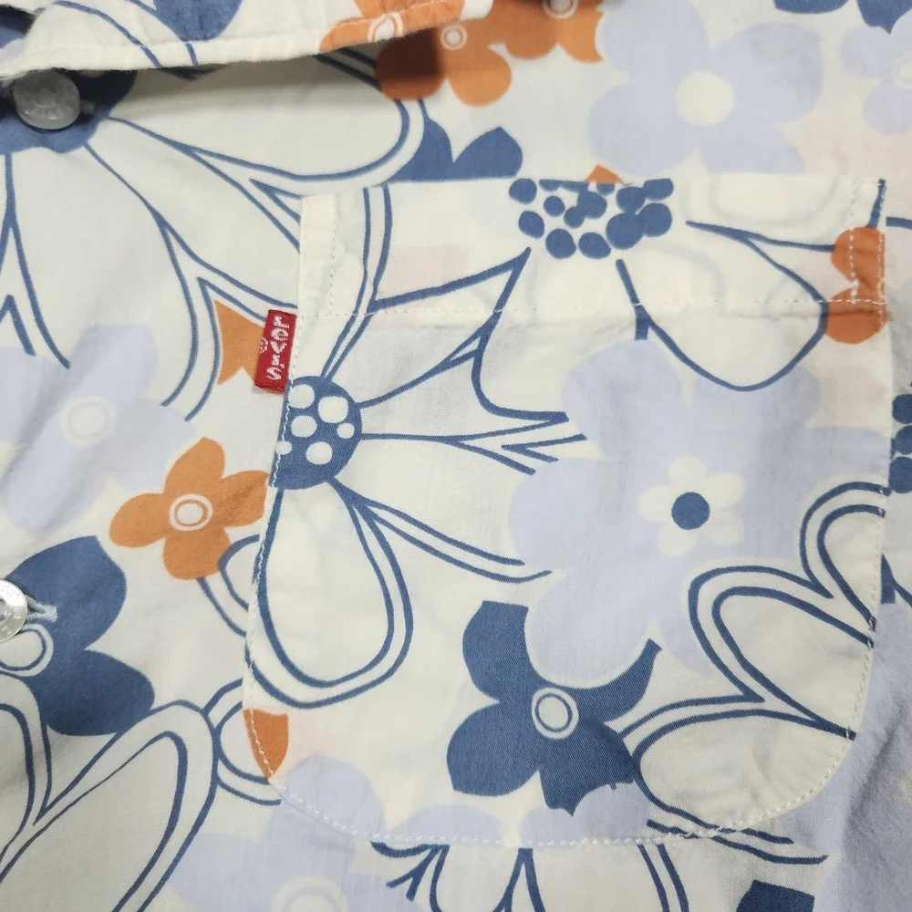 Levi's Mens Blue Orange Floral Button Up Shirt Short Sleeve Coastal Hawaiian
